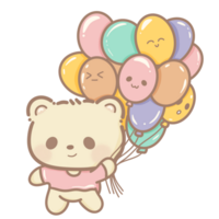 Handdrawn illustration Cute kawaii yellow teddy bear holding a bunch of colorful balloons clipart fun amusement park pastel color greeting card birthday invitation png