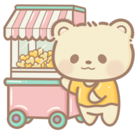 handgemalt Illustration süß kawaii Gelb Teddy Bär Stehen Nächster zu ein Popcorn Wagen Clip Art Spaß Amüsement Park Pastell- Farbe Gruß Karte Geburtstag Einladung png