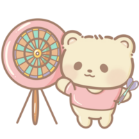 handgemalt Illustration süß kawaii Gelb Teddy Bär spielen ein Pfeil Clip Art Spaß Amüsement Park Pastell- Farbe Gruß Karte Geburtstag Einladung png