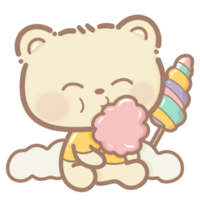 Handdrawn illustration Cute kawaii yellow teddy bear eating a cotton candy clipart fun amusement park pastel color greeting card birthday invitation png