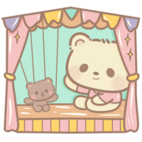 dessiné à la main illustration mignonne kawaii Jaune nounours ours en train de regarder une fantoche spectacle clipart amusement amusement parc pastel Couleur salutation carte anniversaire invitation png