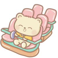 disegnato a mano illustrazione carino kawaii giallo orsacchiotto orso su un' rullo sottobicchiere treno clipart divertimento divertimento parco pastello colore saluto carta compleanno invito png