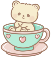 dibujado a mano ilustración linda kawaii amarillo osito de peluche oso en un té taza paseo clipart divertido diversión parque pastel color saludo tarjeta cumpleaños invitación png