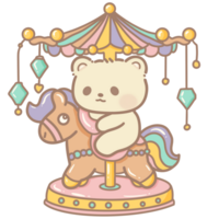 Handdrawn illustration Cute kawaii yellow teddy bear riding on a horse on a carousel clipart fun amusement park pastel color greeting card birthday invitation png