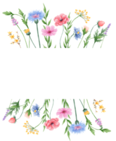 Handdrawn watercolor illustration clipart of detailed Spring Wildflowers meadow frame border collection Floral arrangements greeting cards wedding invitation Elegant ethereal nature png