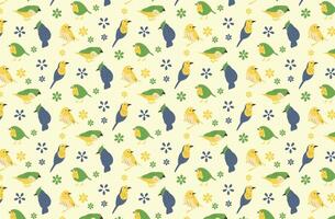 texture with pattern of variety of birds and flowers of different colors on yellow background vector