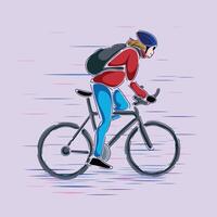 chico en un bicicleta a lleno velocidad con un rojo chaqueta y azul pantalones vector