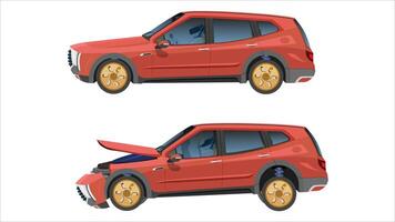 Cartoon or illustration of Status damage cars. Set of red car on a white background. Nomal status and Damage car front grille was damaged, causing the air bag system to deploy. vector