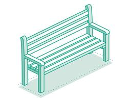 Isometric outline modern street bench. Minimalist object isolated on clean white background. Perfect for representing public spaces, urban planning, and modern architecture. vector