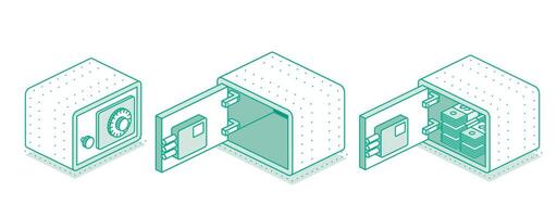 Isometric safe set with open and closed doors. Outline object isolated on white background. illustration. Icon of security. Safe shown from different angles. Money inside. vector