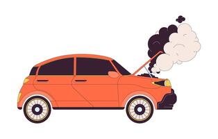 Smoke rising up from broken car 2D linear cartoon object. Auto with fume coming from hood isolated line element white background. Vehicle at road accident color flat spot illustration vector