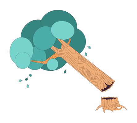 Broken tree and shrub 2D linear cartoon object. Consequence of disaster. Fallen plant trunk after storm isolated line element white background. Dangerous accident color flat spot illustration