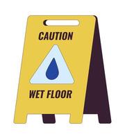 Wet floor caution sign 2D linear cartoon object. Warning visitors about slippery surface isolated line element white background. Dangerous accidents prevention color flat spot illustration vector