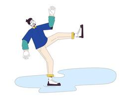 Scared caucasian man falling on wet floor 2D linear cartoon character. European male slipping on puddle isolated line person white background. Dangerous accident color flat spot illustration vector