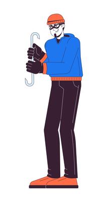 Caucasian man criminal with crowbar 2D linear cartoon character. Robber in mask. European male thief isolated line person white background. Illegal action color flat spot illustration