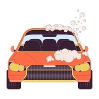 Washing car with foam 2D linear cartoon object. Soap bubbles on vehicle. Auto cleaning service isolated line element white background. Automobile care shop color flat spot illustration vector