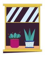 Potted houseplants on windowsill 2D linear cartoon objects. Growing exotic plants by window isolated line elements white background. Home garden cultivation color flat spot illustration vector