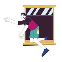 Careless asian man falling out of window 2D linear cartoon character. Surviving traumatic accident isolated line person white background. Safety rules violation color flat spot illustration vector