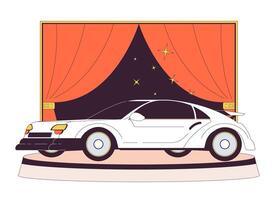 Luxury car showroom 2D linear cartoon object. Performing innovative automobile model isolated line element white background. Vehicle exposition for buyers color flat spot illustration vector