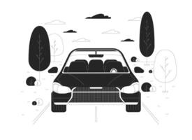 Car driving along rural road black and white cartoon flat illustration. Travelling by vehicle 2D lineart scene isolated on white background. Road trip on vacation monochrome scene outline image vector