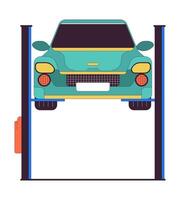 Car on elevator 2D linear cartoon object. Equipment for auto diagnostic in service shop isolated line element white background. Vehicle repair technology color flat spot illustration vector