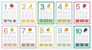 flat design number tracing counting flashcard printable for kids fun learning vector