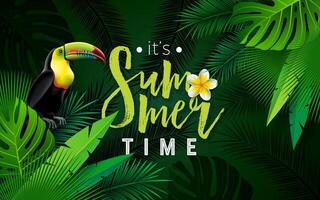 Summer Holiday Design with Toucan Bird and Tropical Flower on Dark Green Background. Typography Illustration with Exotic Palm Leaves and Phylodendron for Banner, Flyer, Invitation, Brochure vector