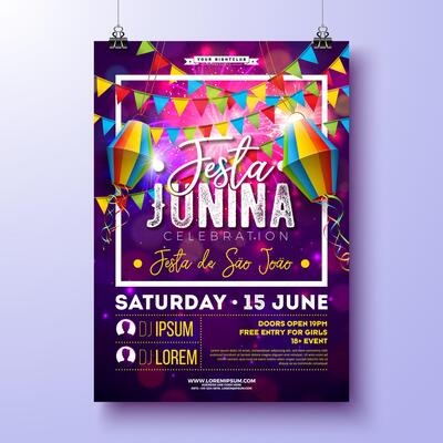 Festa Junina Party Flyer Design with Flags, Paper Lantern and Typography Design on Fireworks Background. Brazil June Festival Illustration for Celebration Poster or Holiday Invitation