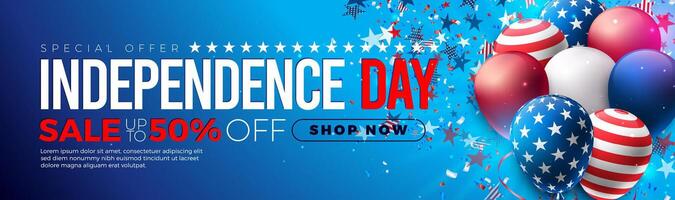 Fourth of July Independence Day Sale Banner Design with Party Balloon and Falling Star Symbols in American Flag Color on Blue Background. USA National Holiday Illustration with Special Offer vector