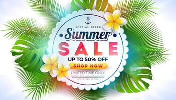 Summer Sale Design with Flower and Exotic Palm Leaves on Tropical Floral Plants Background. Summer Special Offer Illustration for Coupon, Voucher, Banner, Flyer, Promotional Poster, Invitation vector