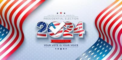 Estados Unidos 2024 presidencial elección bandera ilustración con americano bandera en texto etiqueta en ligero antecedentes. votar día, noviembre 5. unido estados elección votación diseño con tipografía para póster vector