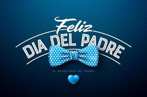 Happy Father's Day Greeting Card Design with Dotted Bow Tie and Heart on Dark Blue Background. Feliz Dia del Padre Spanish Language Illustration for Loved and Best Dad. Template for Banner vector