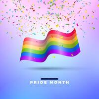 LGBTQ Pride Month Illustration with Rainbow Flag and Colorful Falling Confetti on Pink and Violet Background. Love is Love Human Rights or Diversity Concept. LGBT Event Banner Design for vector