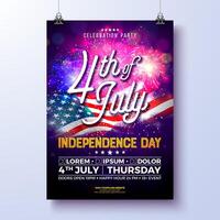Independence Day of the USA Party Flyer Illustration with American Flag and Fireworks. Fourth of July Design on Night Blue Background for Celebration Banner, Greeting Card, Invitation or vector