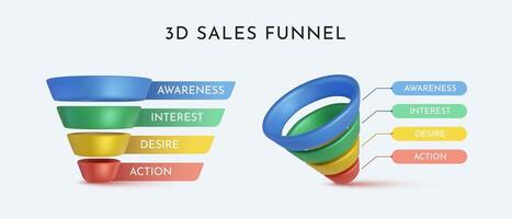 3d Sales funnel diagram stage presentation infographic design vector