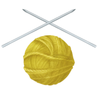 A composition featuring a green wool skein and crossed knitting needles. for various applications including crafting websites, knitting, or handmade product packaging. Watercolor illustration png