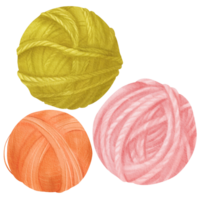 A collection of assorted yarn skeins. Yarn balls crafted from cotton and wool. green, orange and pink. Watercolor isolated elements for crafting enthusiasts, textile designs, and knitting tutorials png