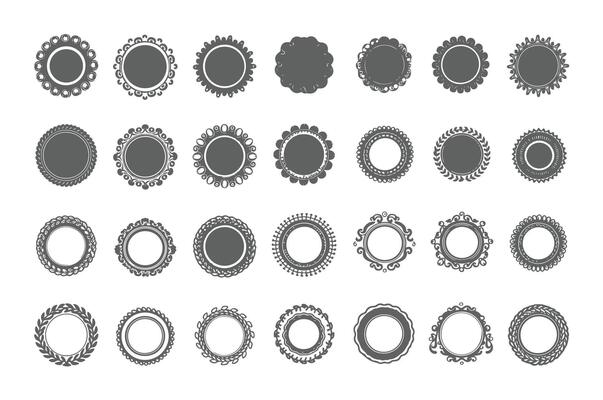 Large set of black silhouette frames or cartouches for badges in ornate classical curved and rounded symmetrical designs and shapes, illustration on Pro EPS 10