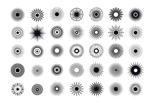 Ornamental sunbeams. Retro starburst. Sunburst set. Sunburst collection. Bursting sun rays. Fireworks. Retro sunburst design. Sunburst best quality. illustration on Pro EPS 10