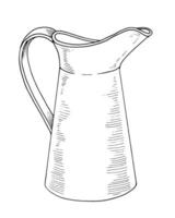 water Jug. Black line art drawing of milk pitcher. Outline illustration of vintage bottle. Sketch on isolated white background. Hand drawn editable clipart. A vase for flowers vector