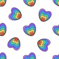 GBTQ Pride heart seamless pattern. Heart with LGBT Pride Rainbow Flag Pattern. Flat illustration in Groovy 70s style. vector