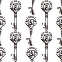 Hand-drawn seamless pattern of vintage decorative keys sketches with intricate forging. Ink and pen drawing illustration, keys on white background. vector