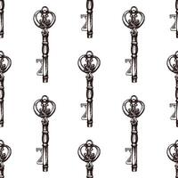 Hand-drawn seamless pattern of vintage decorative keys sketches with intricate forging. Ink and pen drawing illustration, keys on white background. vector