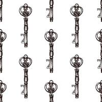 Hand-drawn seamless pattern of vintage decorative keys sketches with intricate forging. Ink and pen drawing illustration, keys on white background. vector