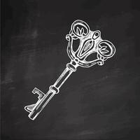 Hand-drawn vintage decorative keys sketches with intricate forging. Ink and pen drawing illustration, keys on chalkboard background. vector