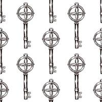 Hand-drawn seamless pattern of vintage decorative keys sketches with intricate forging. Ink and pen drawing illustration, keys on white background. vector