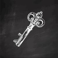 Hand-drawn vintage decorative keys sketches with intricate forging. Ink and pen drawing illustration, keys on chalkboard background. vector