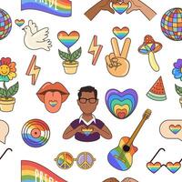 LGBTQ seamless pattern. Symbols of the LGBT pride community. Flat illustration in 70s retro clipart design. vector