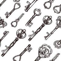 Hand-drawn seamless pattern of vintage decorative keys sketches with intricate forging. Ink and pen drawing illustration, keys on white background. vector