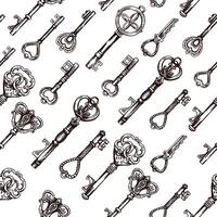 Hand-drawn seamless pattern of vintage decorative keys sketches with intricate forging. Ink and pen drawing illustration, keys on white background. vector